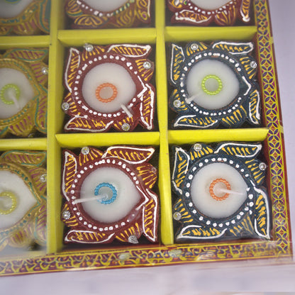 Diwali Decoration Puja - Handpainted Diya for Home Indoor Outdoor Diwali Design Handmade Mix Color (Set of 12)-DDD2