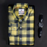 Premium Cotton Check shirt Yellow with Free Wrist watch