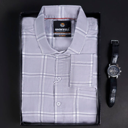 Grey Premium Cotton check shirt  With Free wrist watch