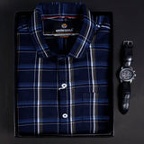 Men's Premium Check Blue Shirt & Free Premium Wrist Watch