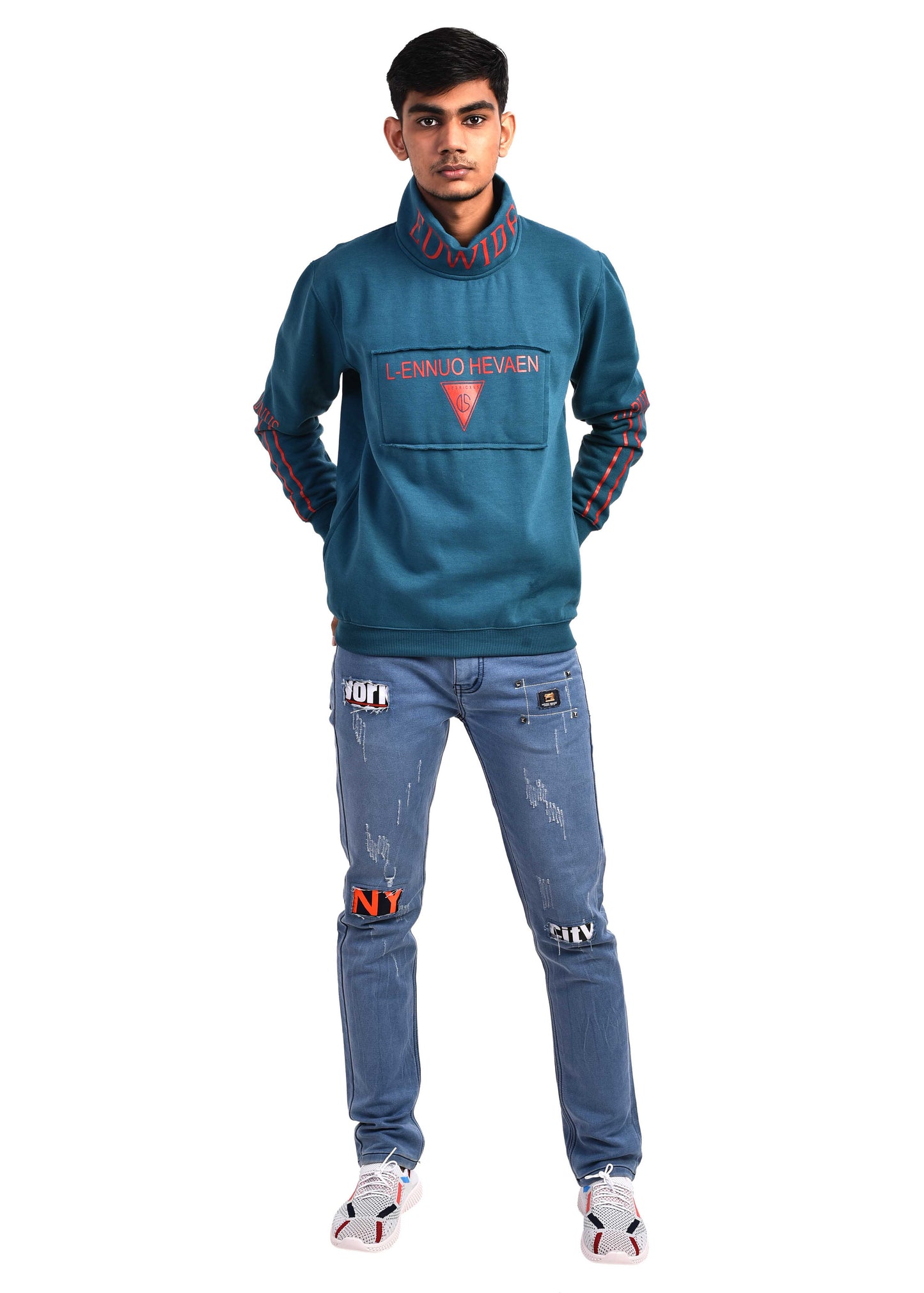 Blue Solid High Neck sweatshirt for Men's