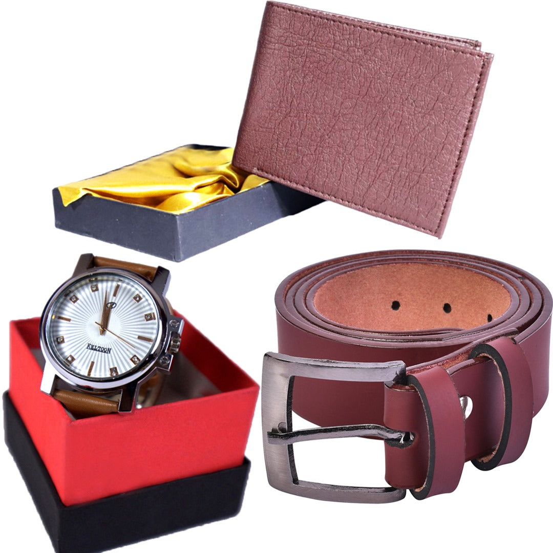 WF Belt, wallet & Watch Premium Combo Brown for Men