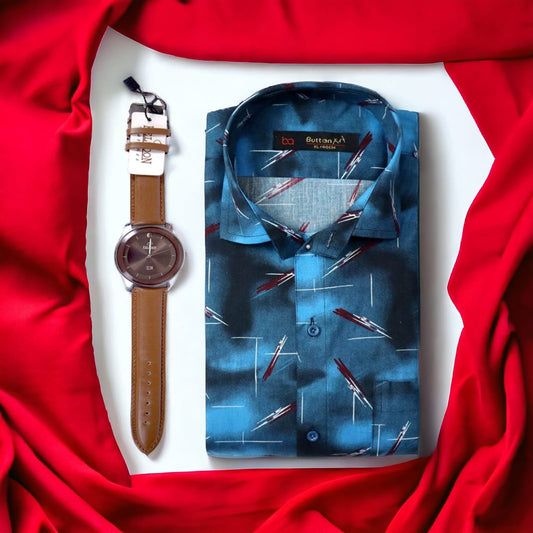 Regular blue carbon printed shirt-CB Get Free Premium Wrist watch with this product