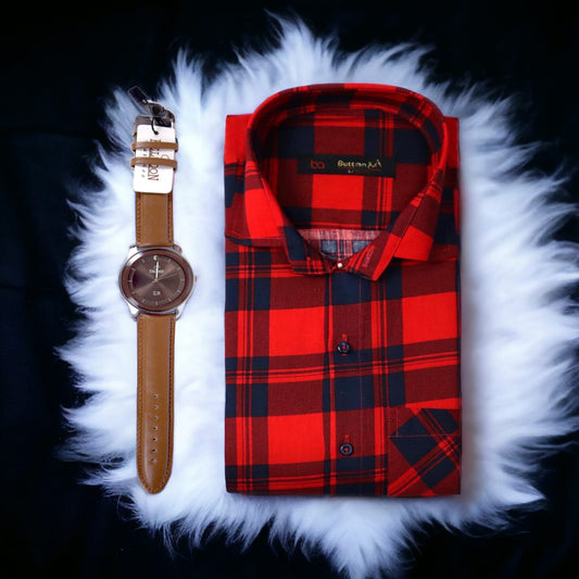 A-one Stylish Red & Black check casual shirt Get Free Premium Wrist watch with this product