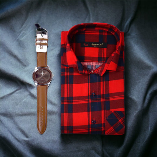 A-one Stylish Red & Black check casual shirt Get Free Premium Wrist watch with this product