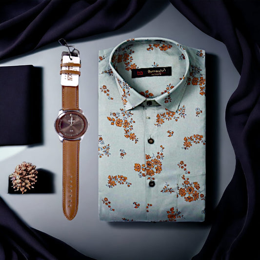 A-one Grey flower printed formal shirt for Men Get Free Premium Wrist watch with this product