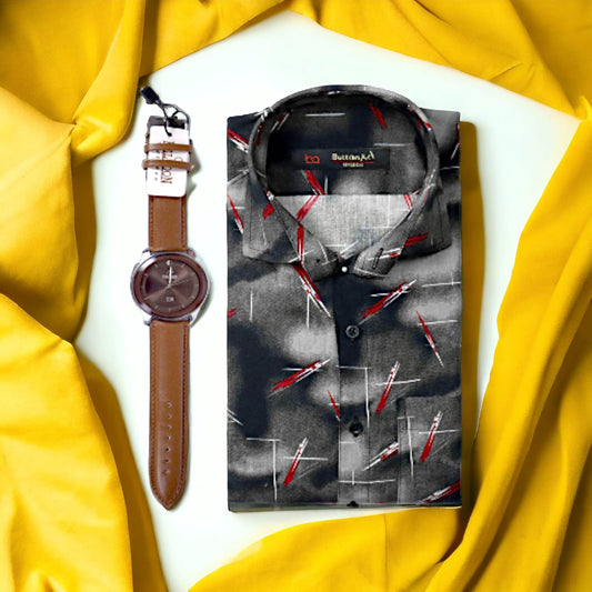 Carbon Gray Formal Printed Shirt Get Free Premium Wrist watch with this product