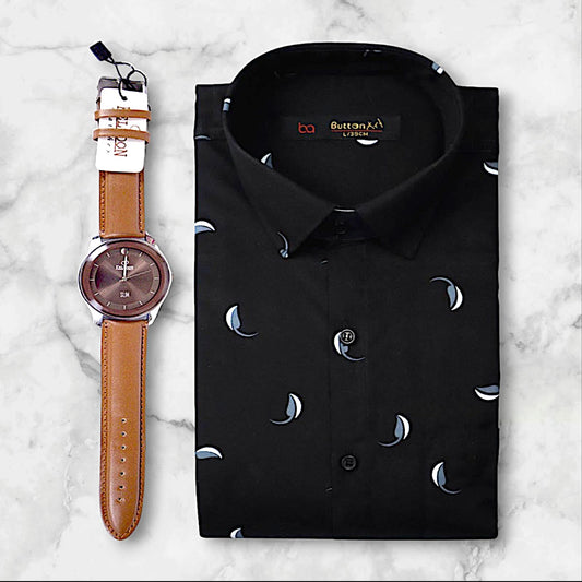 A-one Stylish Regular Formal Black shirt Leaf Get Free Premium Wrist watch with this product